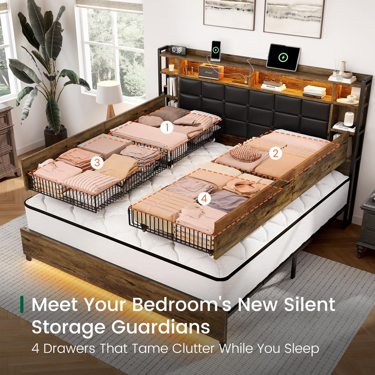 Queen Size Wooden Bed Frame with Storage Drawers B79359