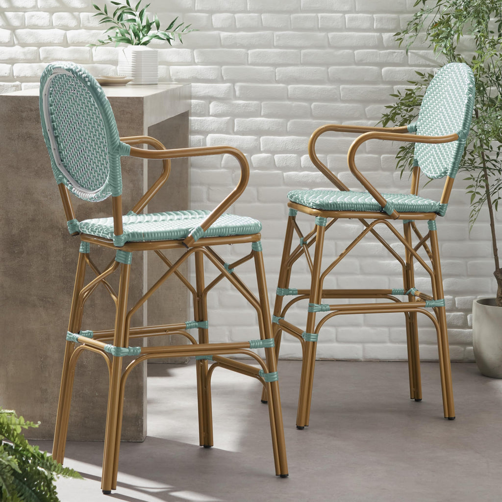 Teal Bamboo Print Wicker Aluminum Bar Stools Set of 2 R69544