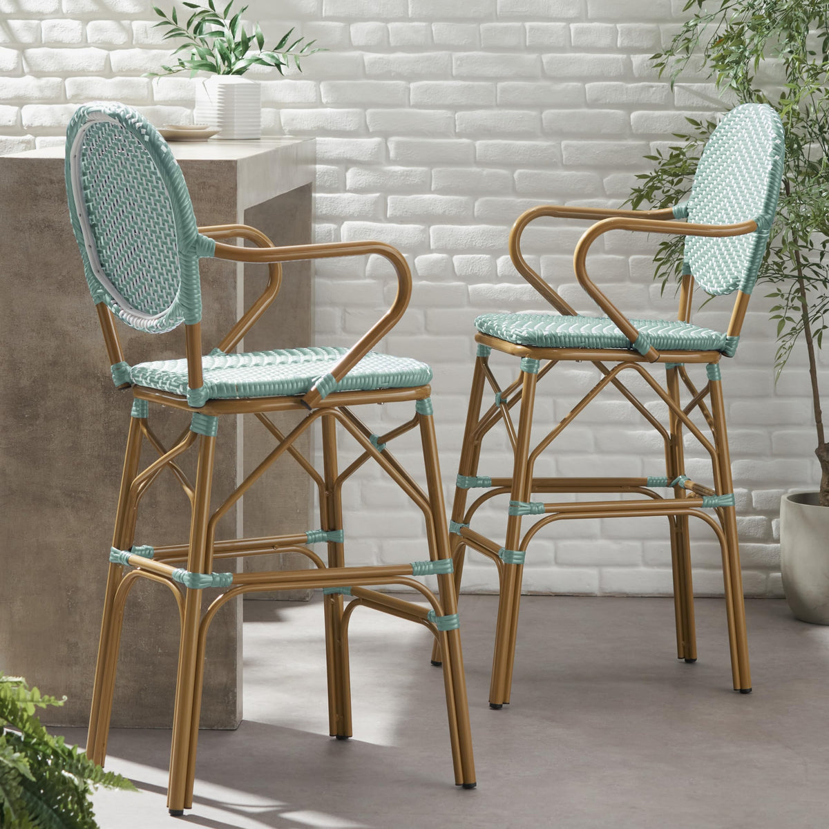 Teal Bamboo Print Wicker Aluminum Bar Stools Set of 2 R69544