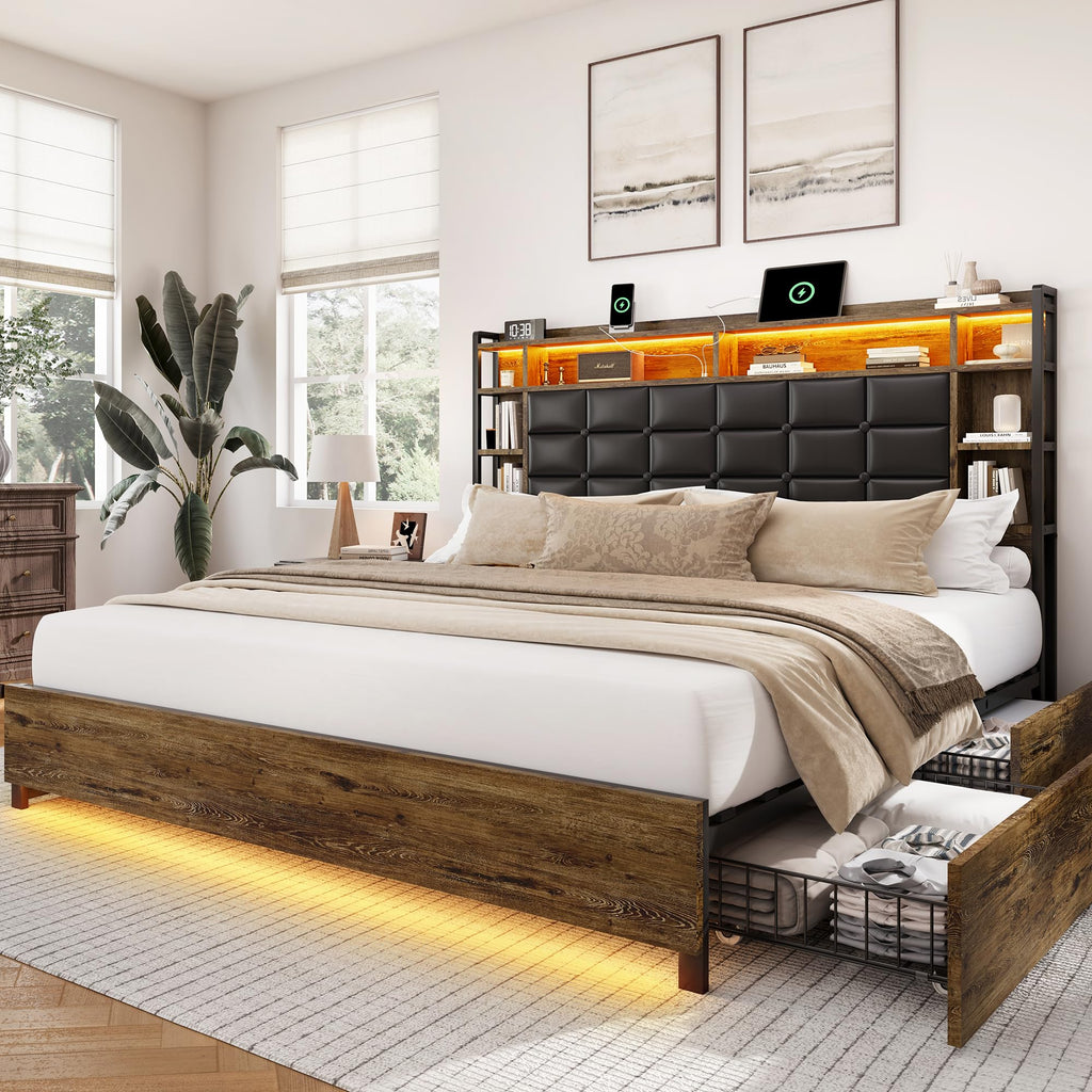 Queen Size Wooden Bed Frame with Storage Drawers B79359