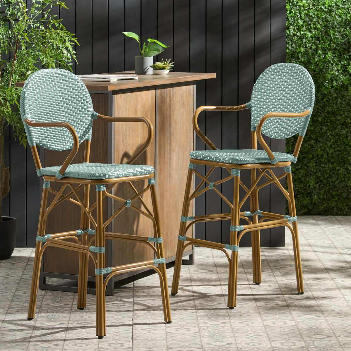 Teal Bamboo Print Wicker Aluminum Bar Stools Set of 2 R69544