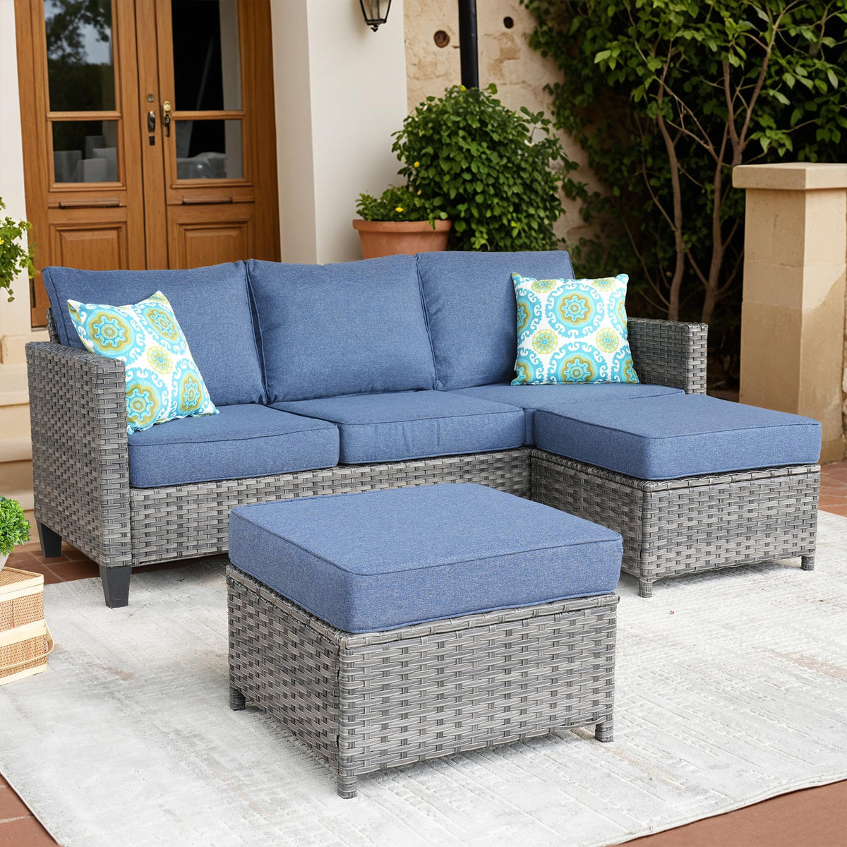 3 Pieces Wicker Patio Sofa Set with Ottomans Denim Blue U434193