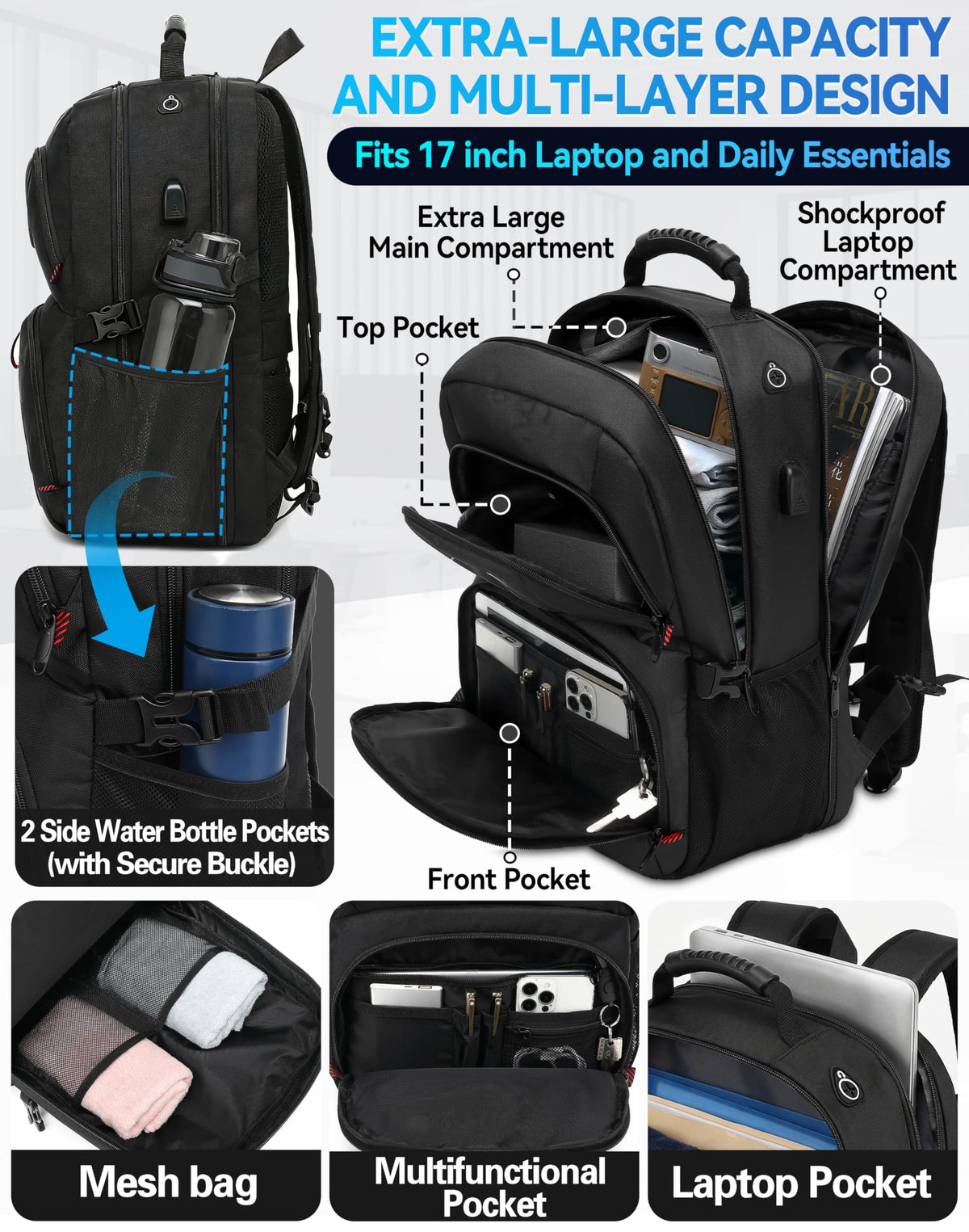 Extra Large Black Laptop Backpack with USB Charging Port T339918