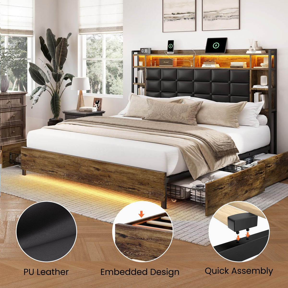 Queen Size Wooden Bed Frame with Storage Drawers B79359