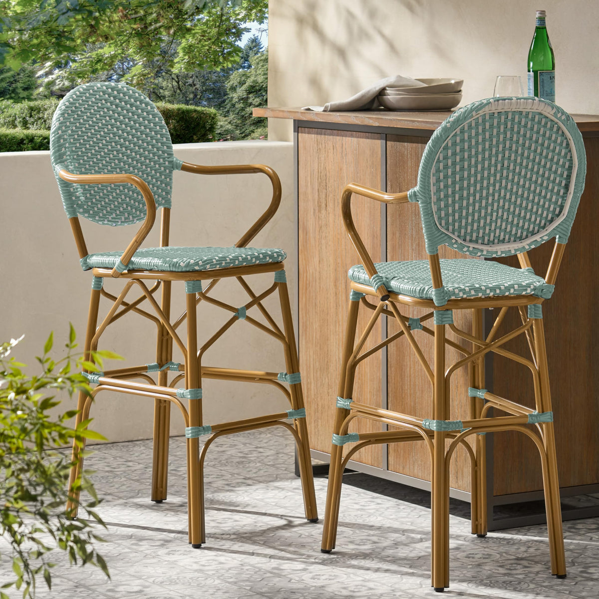 Teal Bamboo Print Wicker Aluminum Bar Stools Set of 2 R69544