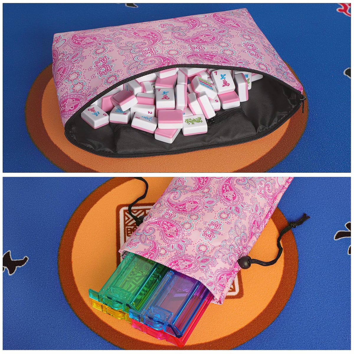 American Mahjong Game Set, 166 Pink Tiles, 4 All-in-One Color Rack/Pushers & Drawstring Bag H175