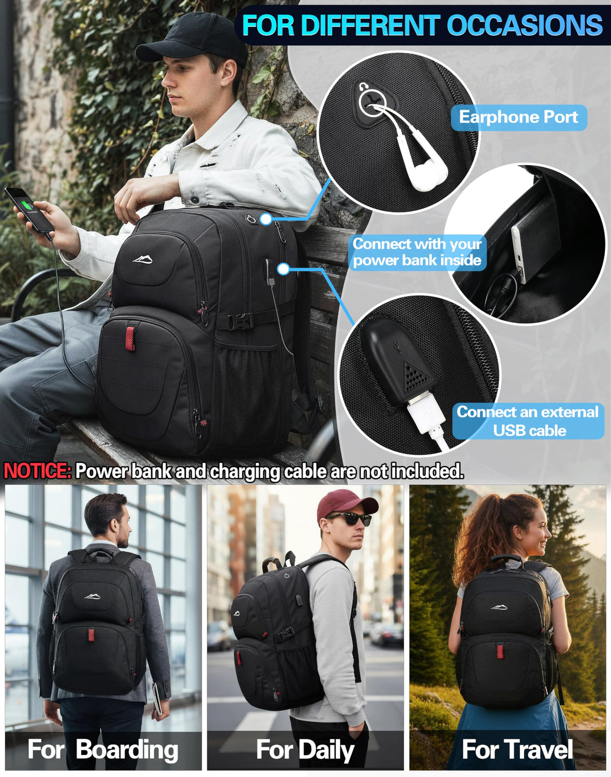 Extra Large Black Laptop Backpack with USB Charging Port T339918