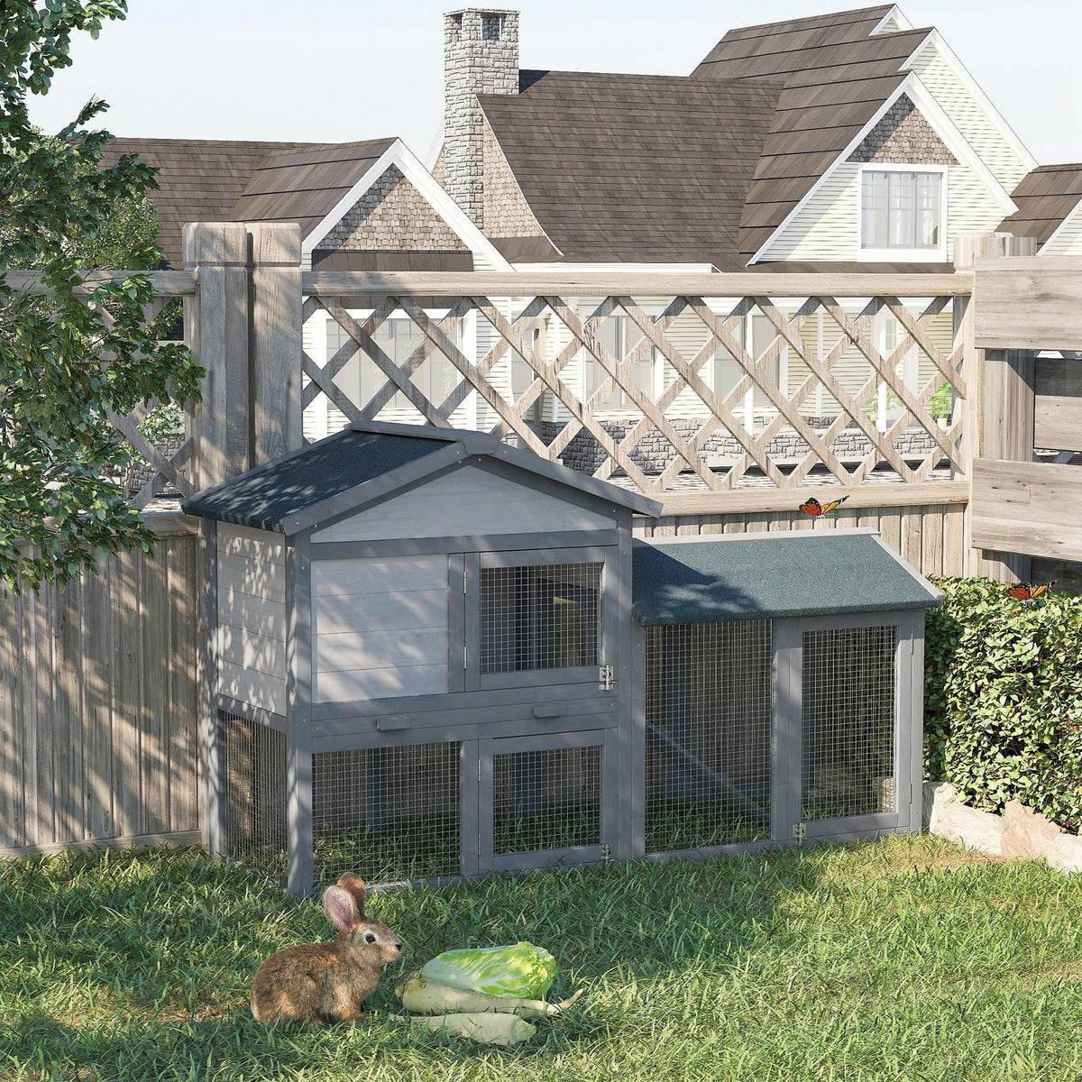 Wooden Rabbit Hutch with Ramp and Water-Resistant Roof E650428